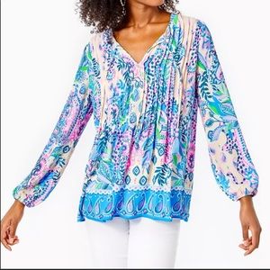 Lilly Pulitzer Marilina Lileeze Long Sleeve Tunic Top Macadamia Haute, Size M